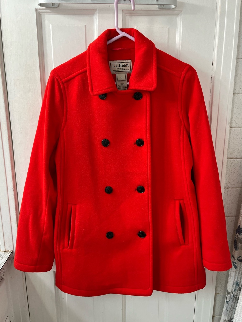 L.L. Bean Women's Fleece Peacoat Jacket Size L Molten Red Double Breasted 295940